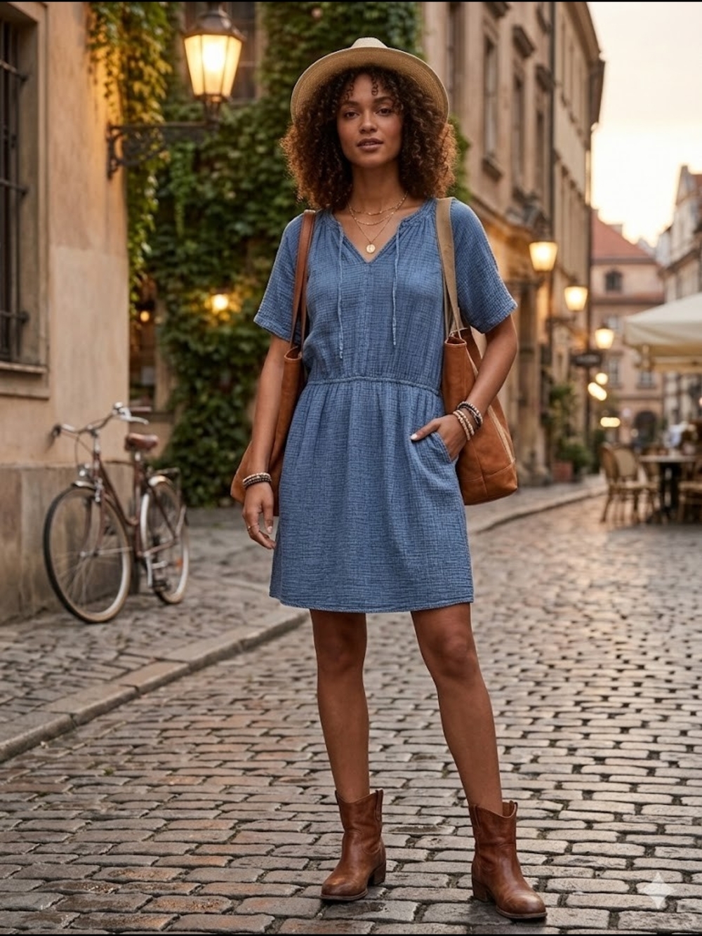 Ana Blue Cotton Gauze Dress Easy Bohemian Relaxed Travel Vacation Style Basic